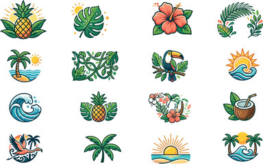 Hand drawn style exotic resort badge elements pack with flamingo coconut cocktail jungle vines ocean waves and island sunrise graphics © nice