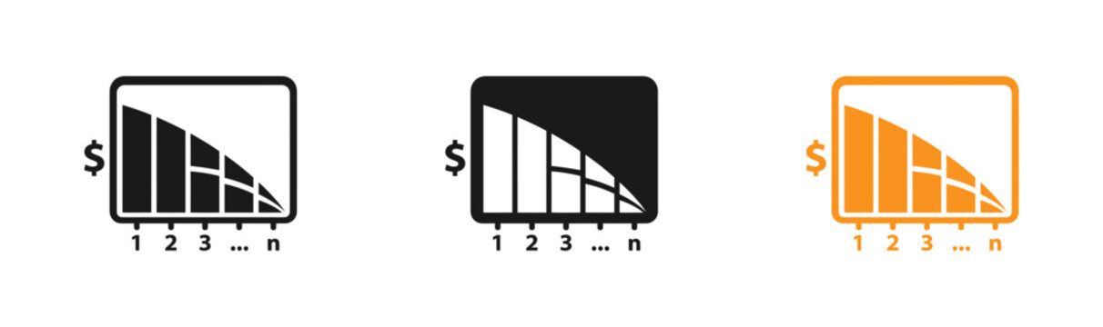 Financial decline icon set declining revenue charts in color and monochrome variations