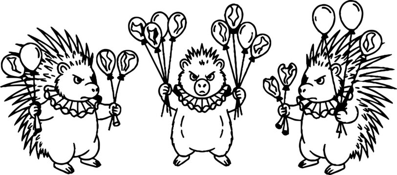Stern hedgehogs wearing ruffs holding bunches of balloons
