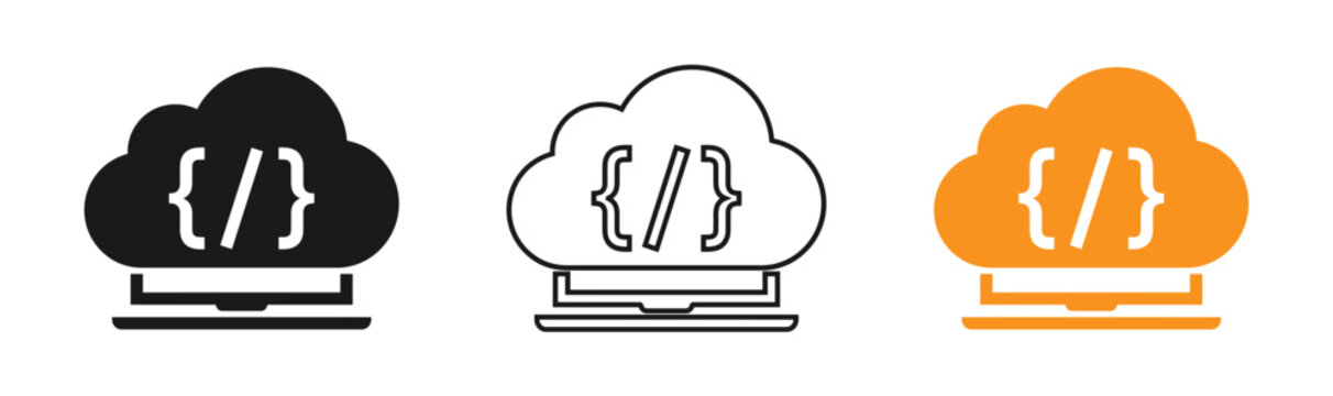 Cloud computing code icon set black white and yellow variations for digital technology concepts