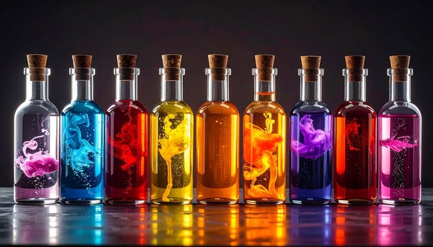 A row of glass bottles with cork stoppers, each containing a different vibrant colored liquid with a wispy, artistic cloud within