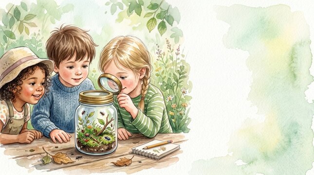 Three children intently examine a bug jar with a magnifying glass on a wooden table outdoors