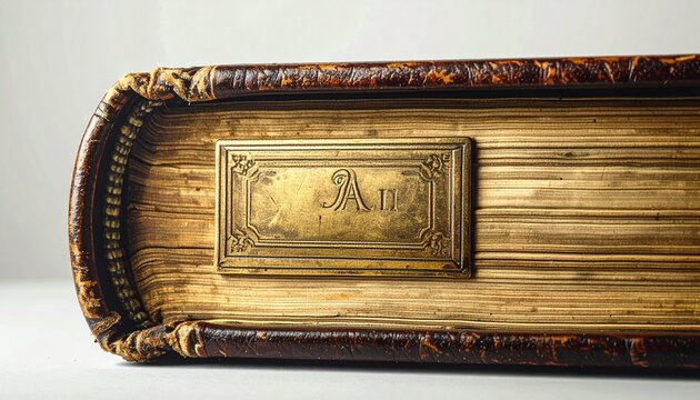 Antique bookplate ex libris engraved ownership mark inside vintage hardcover book close-up studio shot