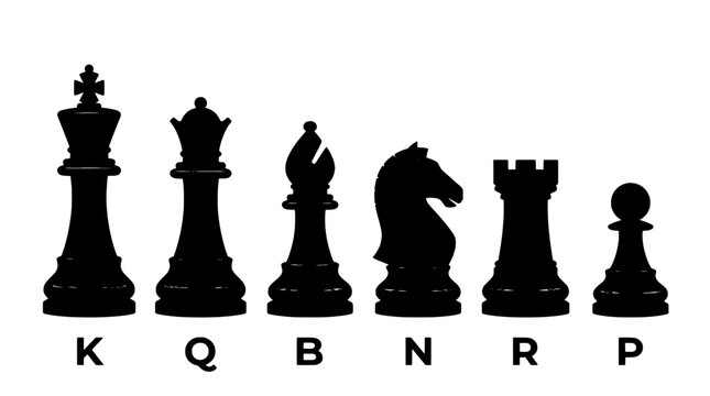 Chess pieces icons set with king queen bishop knight rook pawn silhouettes for board game design featuring monochrome, black and white, tabletop