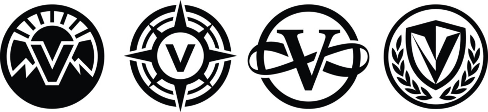 four black and white logos with a 'v' in the center