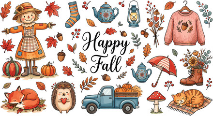 Hand Drawn Happy Fall Clipart Vector Set with Cute Scarecrow Fox Hedgehog Cat Pumpkin Truck Sweater and Autumn Foliage Elements © Rownok