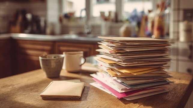 Pile of assorted mail on a wooden kitchen surface with soft morning light