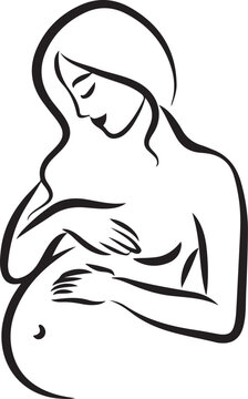Artistic line drawing of pregnant woman silhouette with hands on belly showing affection.