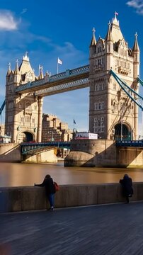 Tower Bridge in London, UK, United Kingdom. Time lapse. People walking. Vertical video