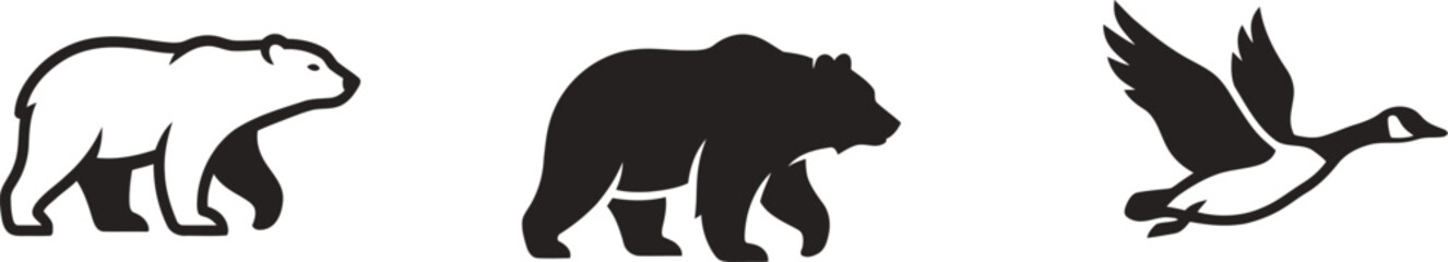 Black and white illustrations of a polar bear, grizzly bear, and Canada goose in profile © @rayan_rahaman