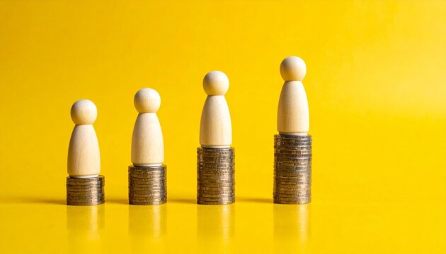 Wooden figures standing on stacked coins symbolizing wealth and growth