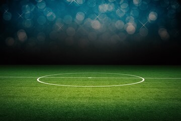 Fototapeta premium Soccer field center circle and markings at night with bokeh lights team sport sports venue play area lighting effect