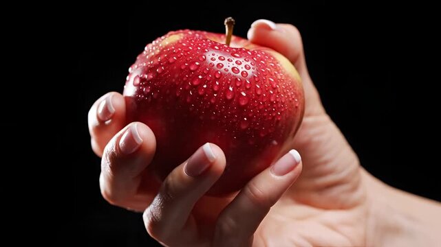 Close up of a hand holding a fresh red apple with water droplets.