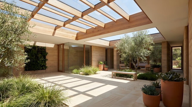 A modern courtyard garden with biophilic design. Modern atrium with skylights and indoor garden, wood accents, natural light