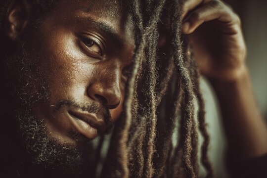 Portrait of a man with dreadlocks partially hidden by hair