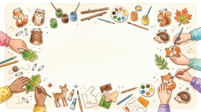 Multiple hands paint animal and leaf cutouts with brushes and colorful paints on a light surface