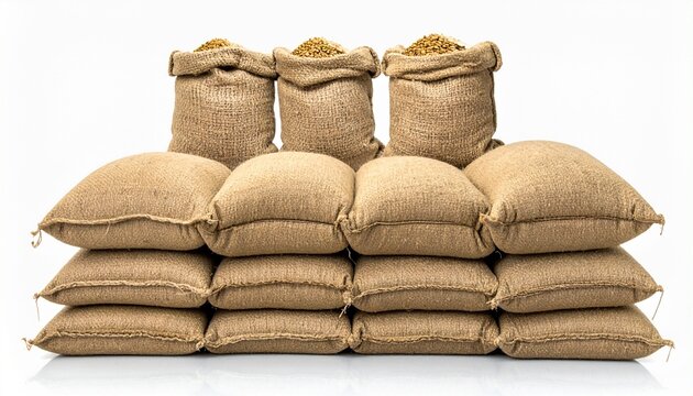 Stacked burlap sacks with open tops revealing golden grains