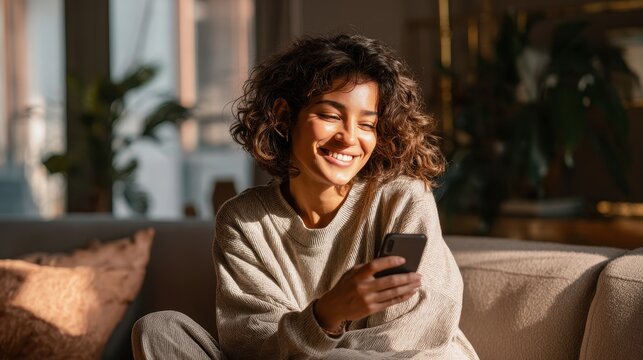 Portrait of a smiling woman using a smartphone for messaging indoors