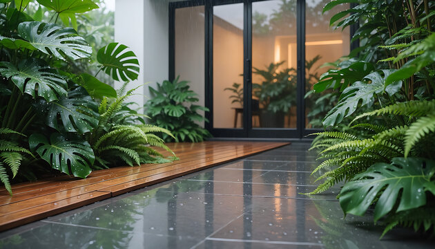 Rain refreshed tropical courtyard, Glossy stone walkway and foliage, Modern glass garden exterior, Fresh luxury home landscape, Serene green architecture