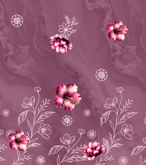 Elegant mauve pink textile border with pink blooming hibiscus flowers and white botanical line art drawings © Digital Art