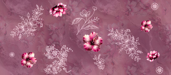 Beautiful mauve pink background with realistic hibiscus flowers and white floral embroidery line art sketches © Digital Art