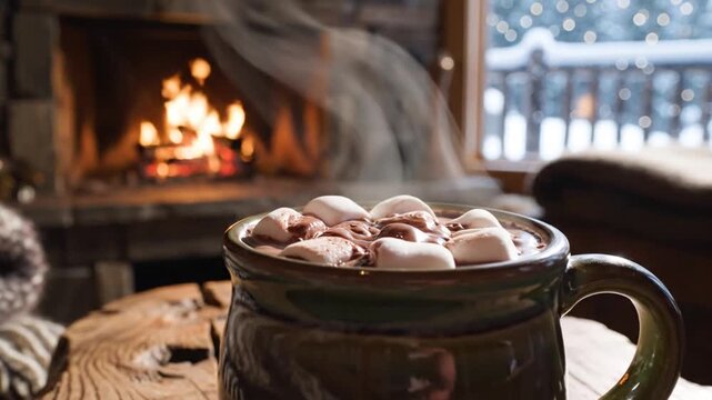 Close-up of a ceramic mug filled with steaming hot cocoa and marshmallows on a rustic wooden table inside a cabin with a blurred fireplace and snowy window view in the background.