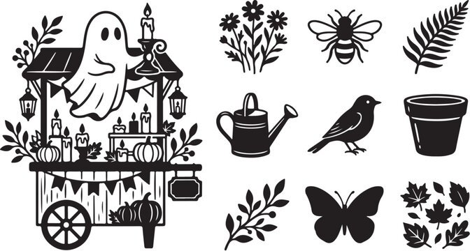 Whimsical ghost selling plants and flowers outdoors