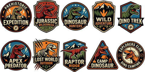 Vintage prehistoric expedition badges collection featuring jurassic wilderness dinosaur hunters t-rex fossils and outdoor camping emblem vector illustrations © nice