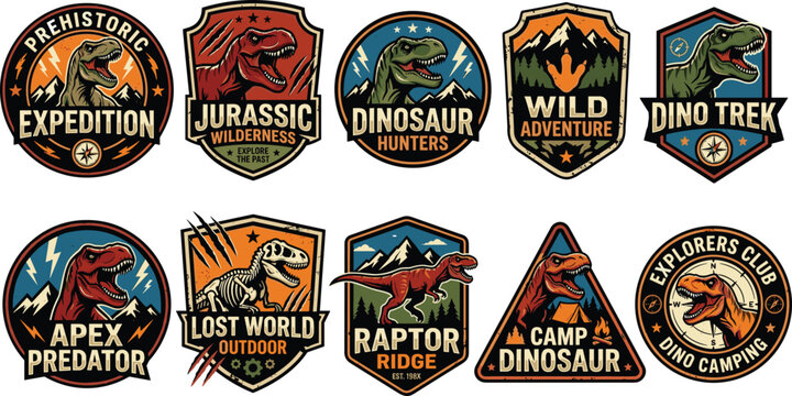 Vintage prehistoric expedition badges collection featuring jurassic wilderness dinosaur hunters t-rex fossils and outdoor camping emblem vector illustrations