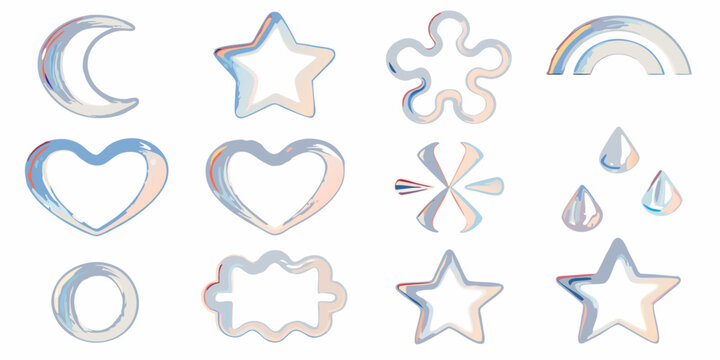 holographic icon set with moon star heart and rainbow shapes