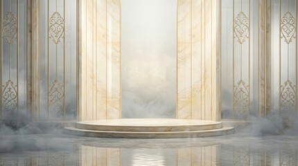 Naklejka premium A grand circular marble pedestal sits amidst ethereal mist within a luxurious golden palace hall.