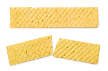 Long potato chip and one broken in half close-up on a white background. Top view © innafoto2017