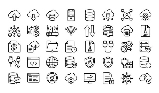 Data traffic and cloud server line icon pack with editable stroke vector illustration collection