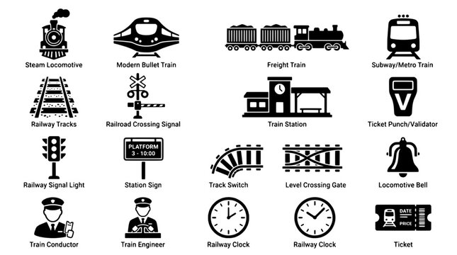 Train icons set with various transportation and station elements featuring steam locomotive, subway, metro with railway tracks and crossing signal
