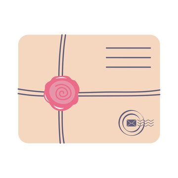 A cute vector illustration of a parcel or large envelope, tied with string and sealed with a pink wax seal. Features a postmark, perfect for vintage mail, communication, and delivery designs