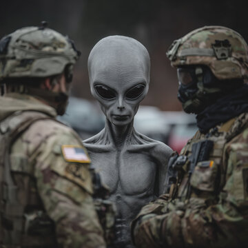 Military Officials Stand With a Gray Alien in Custody