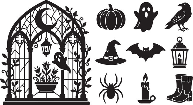 Halloween icons and arched stained glass window design