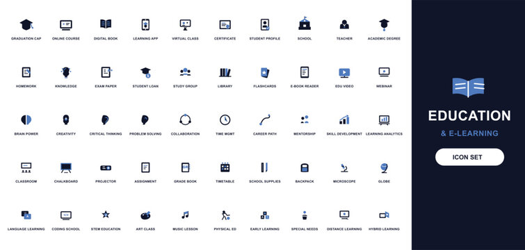 Education and e-learning icon set, collection of 50 blue and black academic vector symbols, digital school and online study interface elements