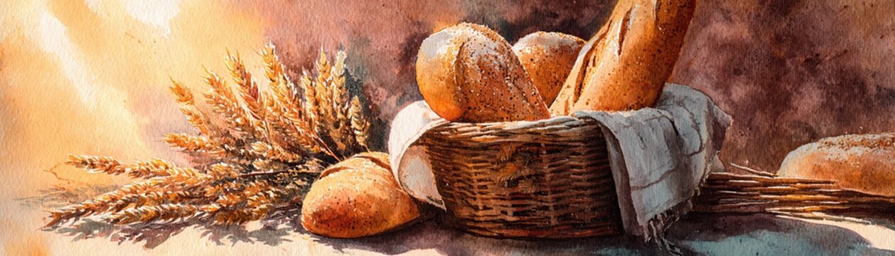 A rustic still life painting featuring a wicker basket filled with baguettes, surrounded by wheat stalks and bread rolls on a warm-toned surface.