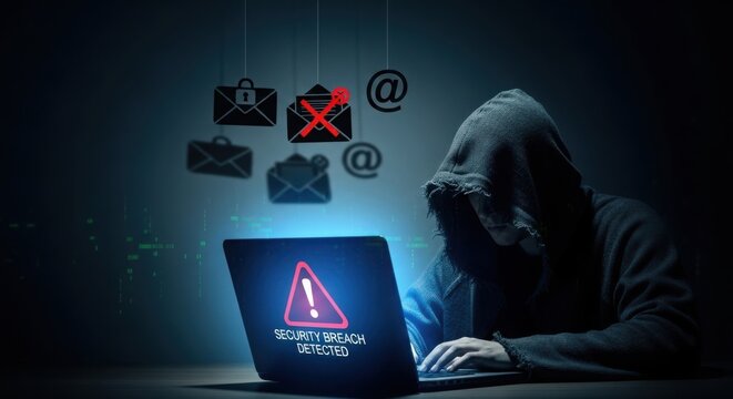 Hacker in dark hoodie using laptop with digital security warning and crossed