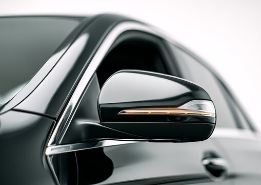 Sleek Black Car Side Mirror Detail with Integrated Turn Signal.