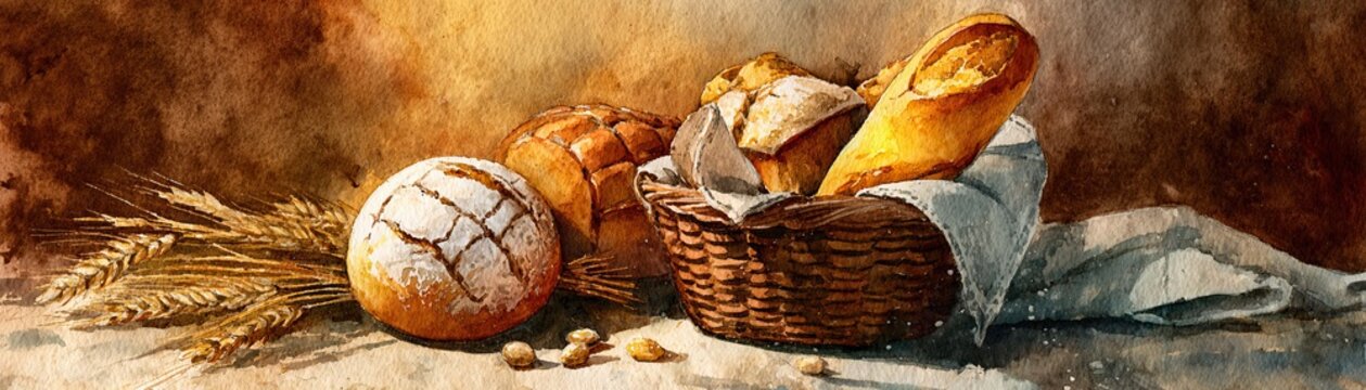 Rustic assortment of artisan breads in a basket with wheat stalks and nuts on a textured surface, evoking a warm, homemade bakery feel.