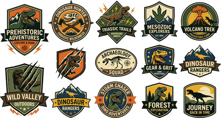 Dinosaur adventure badges collection featuring retro prehistoric hunters t-rex fossils volcano trek and archaeology squad emblem vector illustrations © nice