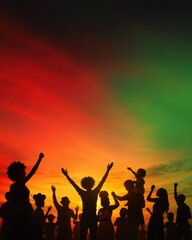 Fototapeta premium Juneteenth Celebration Silhouette of Joyful Diverse People Against Vibrant Sky