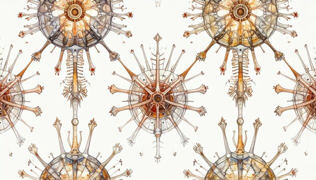 Seamless Pattern of Radiolarian Skeleton Shapes Scientific Illustration on White Background