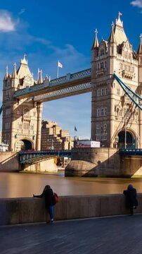 Tower Bridge in London, UK, United Kingdom. Time lapse. People walking. Vertical video