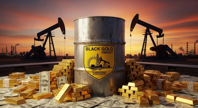 Oil barrel and gold bars with pumpjacks at sunset symbolizing black gold wealth