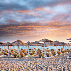 Amazing Sun umbrellas and deckchairs on the Copacabana beach, part of Great Beach (Velika Plaza) in Ulcinj. © pilat666