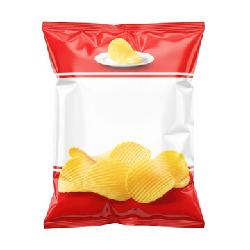 Crispy potato chips in a red bag