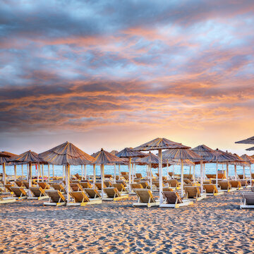 Amazing Sun umbrellas and deckchairs on the Copacabana beach, part of Great Beach (Velika Plaza) in Ulcinj.